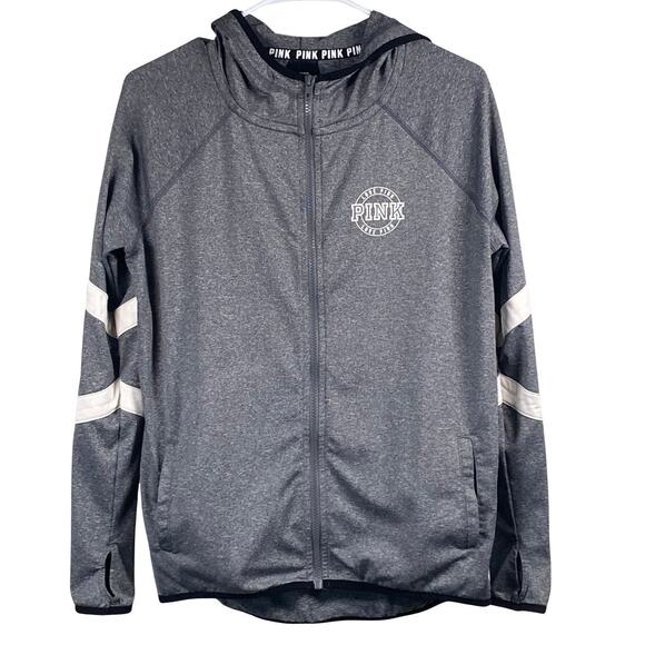 PINK Victoria’s Secret Hooded Jacket Size Small Gray White Logo Full Zip - Picture 1 of 6